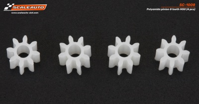 Quatro dentes de engrenagem brancos em plástico sobre fundo preto com texto da marca Scaleauto.