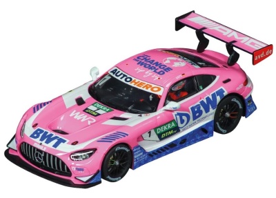Miniatura de carro de corrida rosa, branco e azul com logótipos e asa traseira