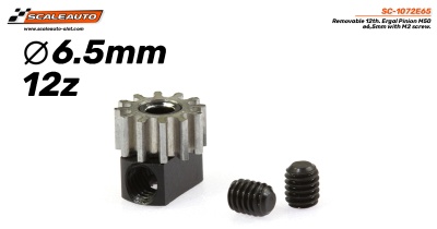 Engrenagem metálica prateada com base preta e dois parafusos, texto técnico ao lado sobre fundo branco