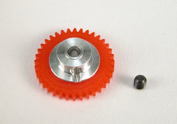 Engrenagem vermelha com centro metálico e parafuso preto ao lado