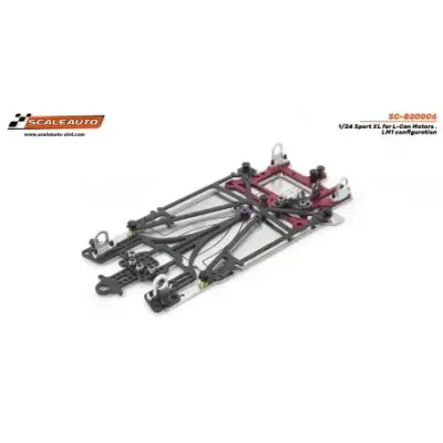 Base de chassis preta e vermelha para slot car com componentes metálicos