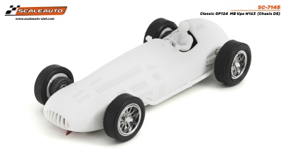 Miniatura de carro de corrida branco com pneus pretos e jantes prateadas