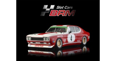 Carro de slot vermelho e branco com número 4 e logotipo Slot Cars BRM