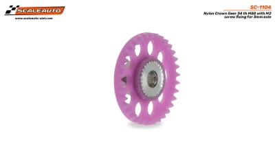 Roda dentada de nylon cor de rosa com eixo de metal e texto SC-1104