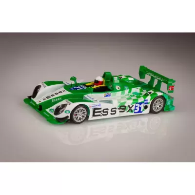 Miniatura de carro de corrida verde e branco com número 31, texto ESS-9x, capacete vermelho e branco e bandeira da Dinamarca