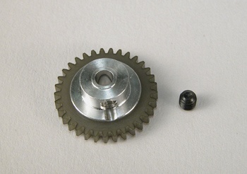 Engrenagem metálica cinza escuro com centro prateado e parafuso preto ao lado