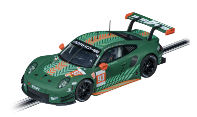 Carro de slot Porsche 911 GT3 Cup verde e laranja com número 93 e spoiler traseiro