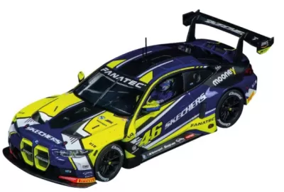 Miniatura de carro de corrida BMW preto, amarelo e roxo com logótipos e número 46