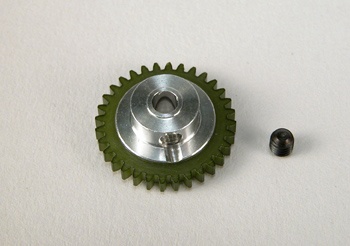 Engrenagem metálica com dentes verdes e parafuso pequeno
