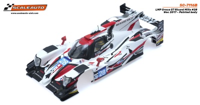 Modelo de carro de slot LMP Oreca 07 com pintura branca, vermelha, preta e azul e número 28
