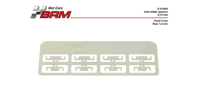 Conjunto de espaçadores metálicos BRM para eixo de slot cars com texto e medidas