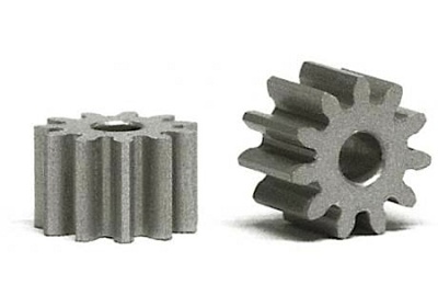 Duas engrenagens metálicas cinza com dentes e furo central