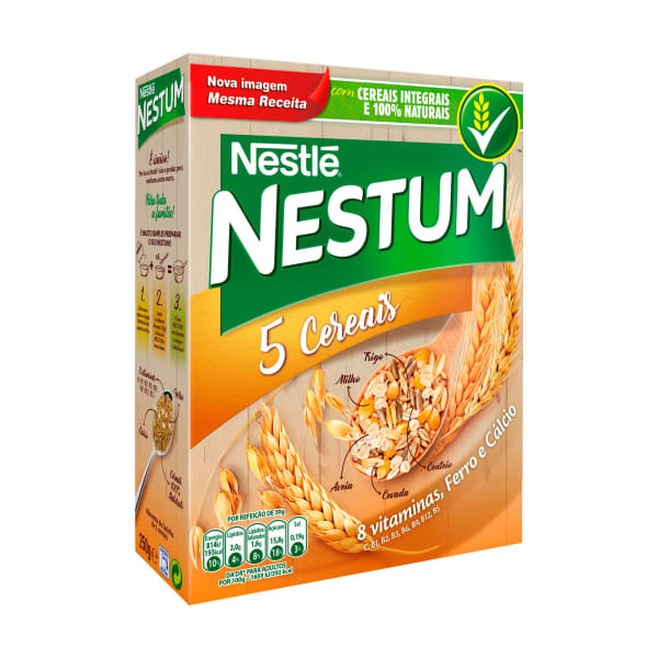 Nestum 5 Cereais Com Cereais Integrais 250g Embalagem Nestlé Nestum 5 Cereais com texto sobre ingredientes e benefícios, com imagem de cereais e trigo