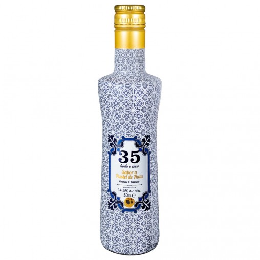 Licor 35 Pastel de Nata 50cl Garrafa de licor com tampa dourada e padrão azul e branco