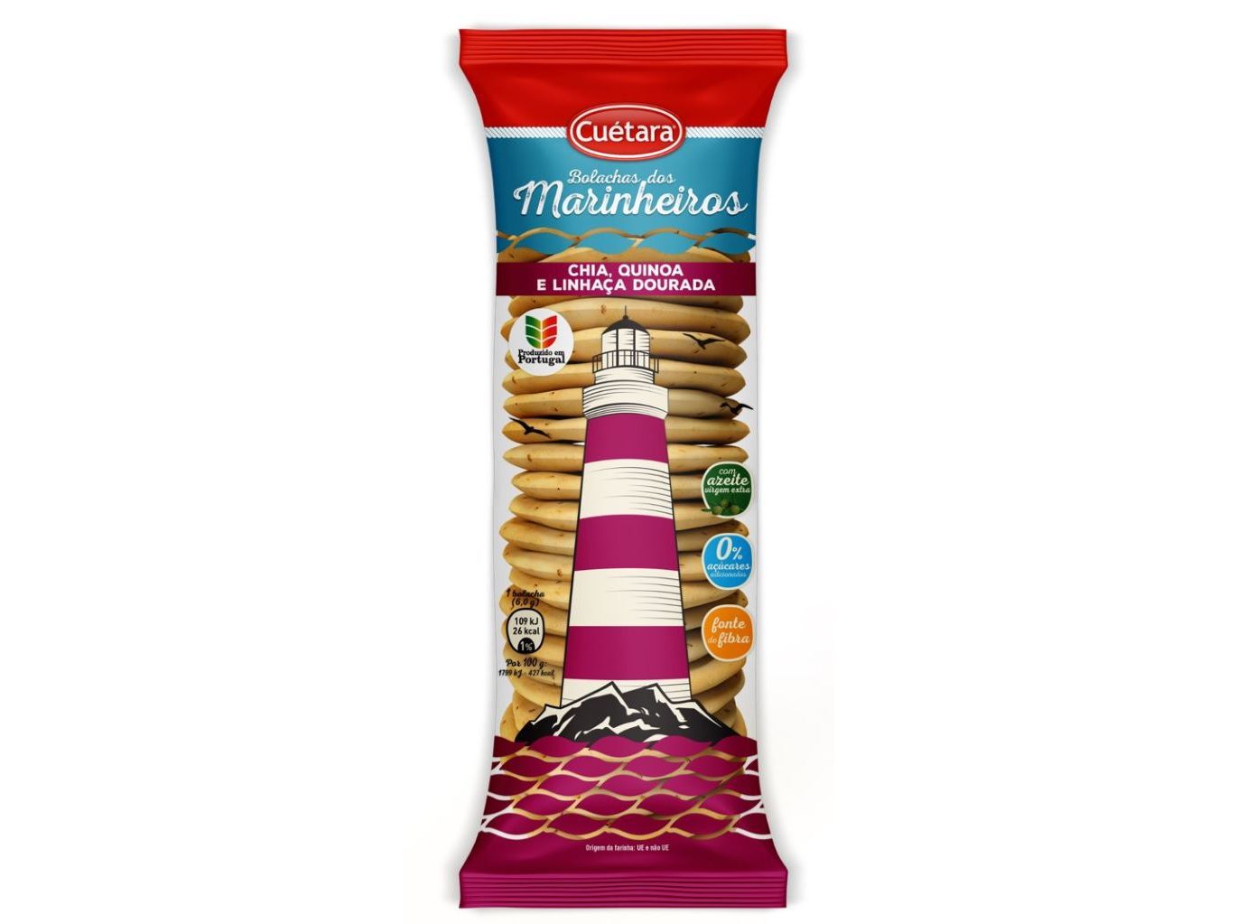 Bolachas dos Marinheiros Chia-Quinoa-Linhaça 150G Pacote de bolachas Cuétara com design de farol e texto em português