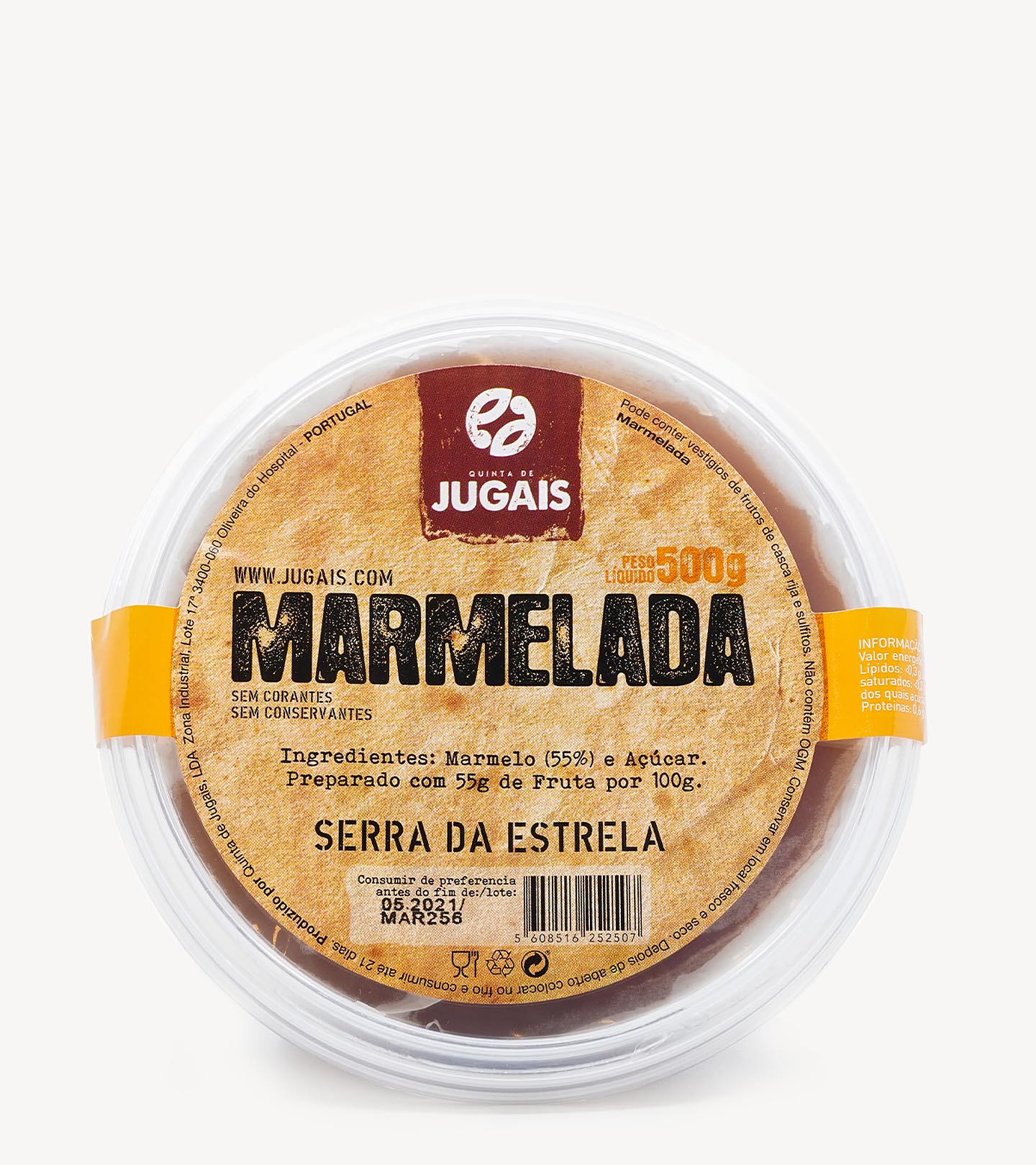 Marmelada Quinta de Jugais 500g Embalagem redonda de marmelada da marca Jugais com rótulo castanho e texto preto.