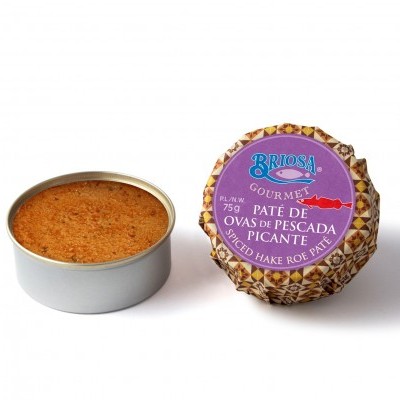 Paté de Ovas de Pescada Picante Paté de ovas de pescada picante Briosa Gourmet em lata prateada com tampa roxa e padrão geométrico