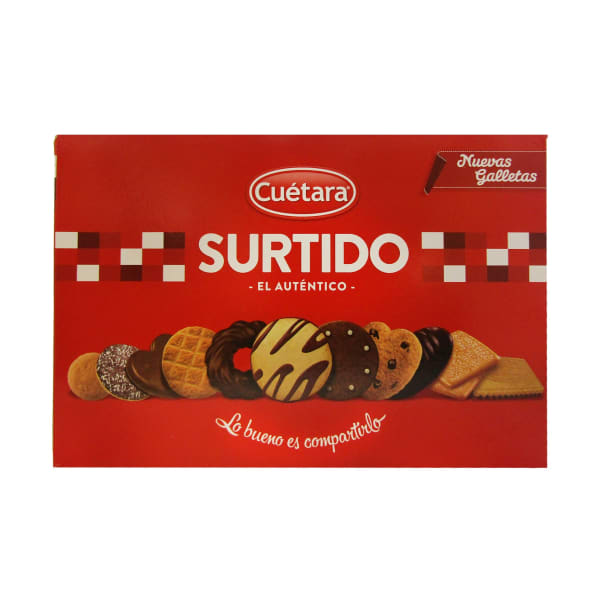 Bolacha Cuétara Sortido 210g Pacote vermelho de biscoitos mistos Cuétara Surtido com vários biscoitos visíveis