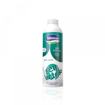 Embalagem branca e verde de leite meio-gordo sem lactose da marca Mimosa