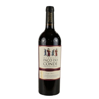 Garrafa de vinho tinto HERDADE DO PAÇO DO CONDE com rótulo branco e figuras coloridas