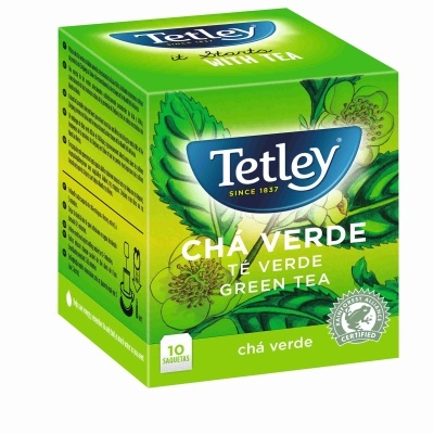 Caixa verde de chá Tetley com 10 saquetas e certificado Rainforest Alliance