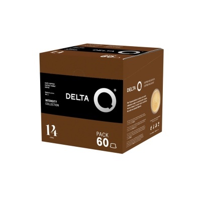 Caixa de cápsulas de café Delta Q castanha e preta com texto branco