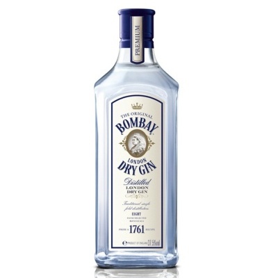 Garrafa de Bombay London Dry Gin com etiqueta branca e tampa azul