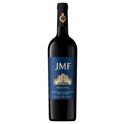 Garrafa de vinho tinto JMF Reserva com rótulo azul e dourado