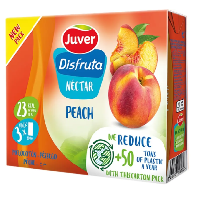 Embalagem de sumo néctar de pêssego Juver Disfruta com 3 litros, cores laranja, verde e branco.