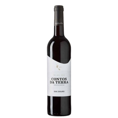 Garrafa de vinho tinto CONTOS DA TERRA com rótulo branco e cápsula preta