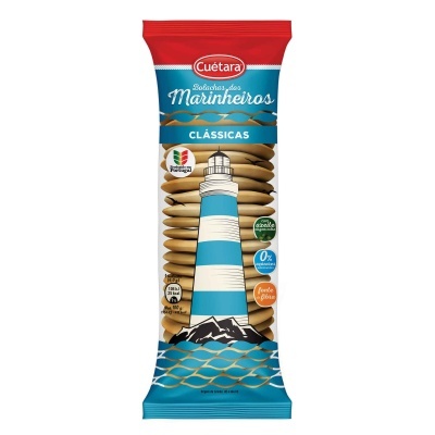 Pacote de biscoitos Cuétara Bolachas dos Marinheiros Clássicas com farol e selo Portugal Sou Eu