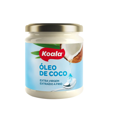 Frasco de óleo de coco Koala com rótulo azul e tampa dourada