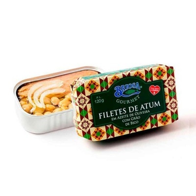 Lata de filetes de atum em azeite com grão de bico da marca Briosa Gourmet
