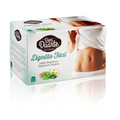 Embalagem branca do produto Dom Duarte Digestão Fácil com imagem de mulher e ilustração de ervas