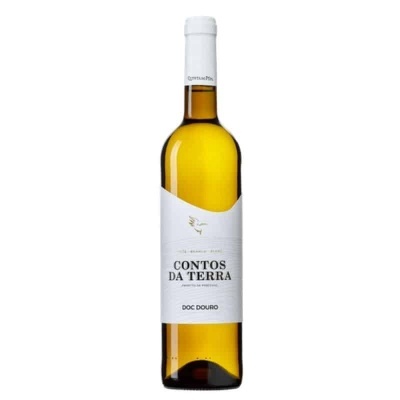 Garrafa de vinho branco Contos da Terra com rótulo branco e texto preto e dourado