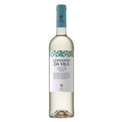 Garrafa de vinho branco Convento Da Vila com rótulo branco e padrão geométrico azul e dourado