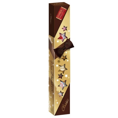 Embalagem dourada e castanha de chocolates Ferrero com estrelas e laço