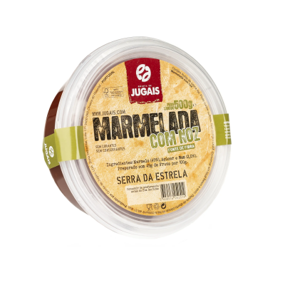 Embalagem redonda transparente com rótulo do produto marmelada com noz Jugais