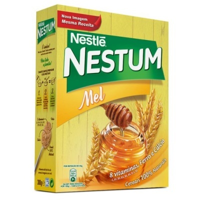 Caixa de Nestlé Nestum Mel amarelo com frasco de mel e espigas de trigo