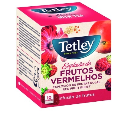 Caixa de chá Tetley Explosão de Frutos Vermelhos com 10 saquetas e ilustrações de frutos vermelhos