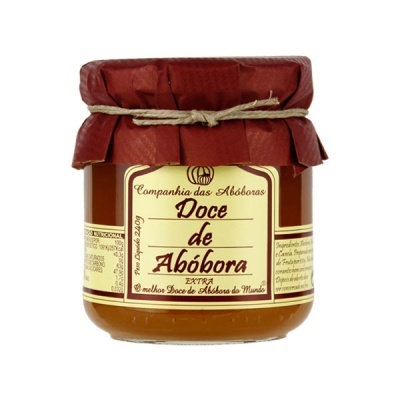 Frasco de doce de abóbora com tampa vermelha e etiqueta amarela