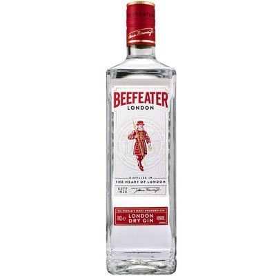 Garrafa de gin Beefeater London Dry Gin com rótulo branco e vermelho