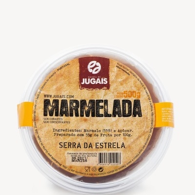 Embalagem redonda de marmelada da marca Jugais com rótulo castanho e texto preto.