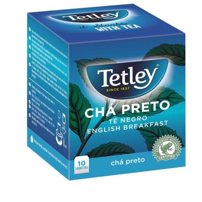 Caixa de chá preto Tetley English Breakfast com 10 saquetas, azul com folhas de chá