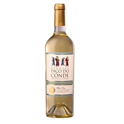 Garrafas de vinho branco com rótulo HERDADE PAÇO DO CONDE e figuras humanas