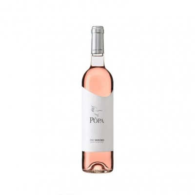 Garrafa de vinho rosé PÔPA DOC DOURO com rótulo branco e tampa prateada