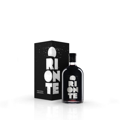 Frasco e caixa pretos com texto branco e padrão de gotas