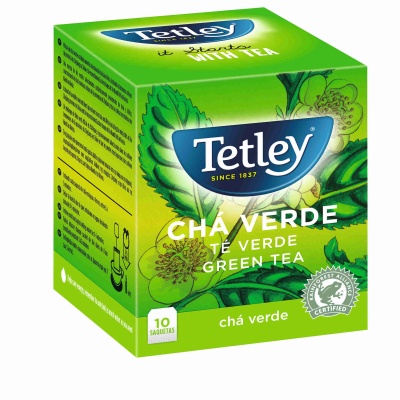 Caixa verde de chá Tetley com 10 saquetas e certificado Rainforest Alliance