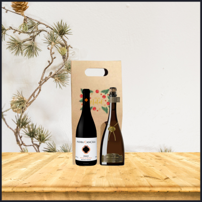 Duas garrafas de vinho com embalagem de papel castanho sobre mesa de madeira clara