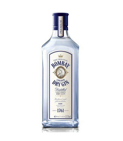 Garrafa de Bombay London Dry Gin com etiqueta branca e tampa azul